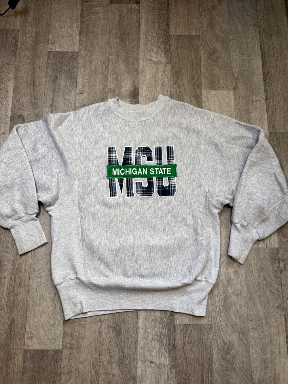 Michigan State Gray Crewneck Sweatshirt with Green MSU Logo - Picture 1 of 8